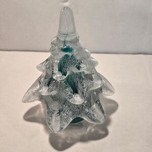 Vintage Clear & Green Ribboned Art Glass Christmas Tree 6.75" Tall